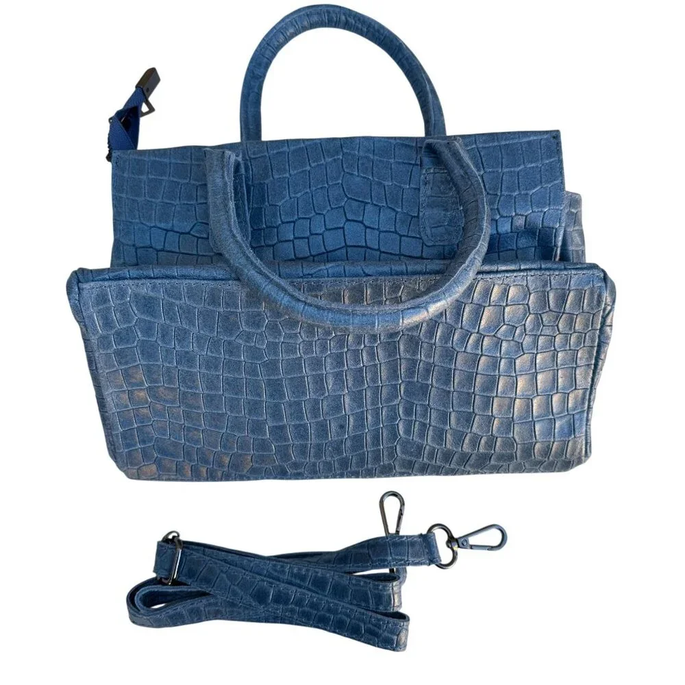 Borse in Pelle Italy Blue Croc Embossed‎ Genuine Leather Satchel Crossbody Bag